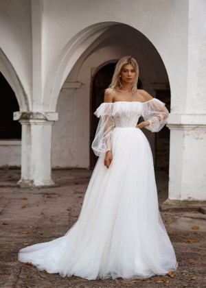 Off Shoulder Ivory Polka Dots Tulle Sweet Wedding Dress